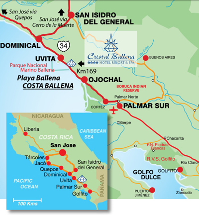 Mapa de la Costa Ballena, ubicación del Hotel Cristal Ballena